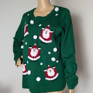 Christmas Knitted Green Sweater with Santa & Snowballs Susan Bristol XL